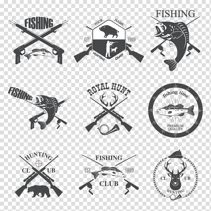 nine assorted animal hunting logos collage, Hunting Fishing , Hunting and fishing transparent background PNG clipart