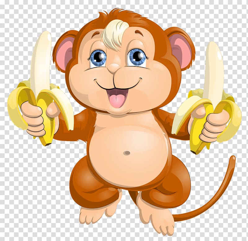 blue-eyed monkey with bananas on both hands cartoon, Monkey Cuteness , Cute Monkey with Bananas transparent background PNG clipart