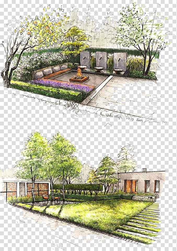 green bench collage, Landscape design Landscaping Garden, Hand colored renderings Park transparent background PNG clipart