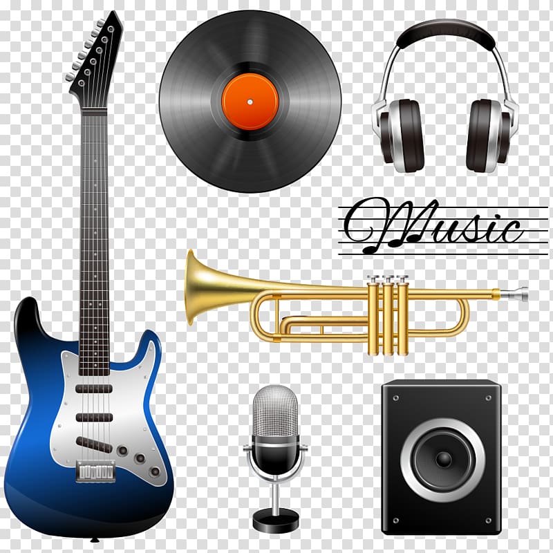 Microphone Guitar amplifier Music Phonograph record, Musical elements transparent background PNG clipart