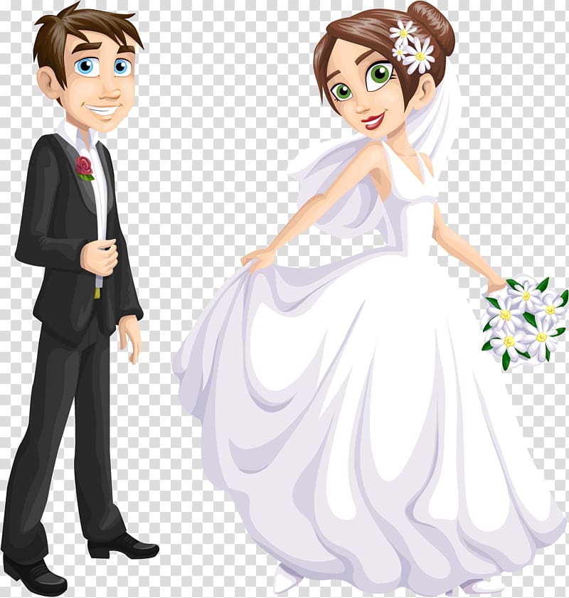 bride and groom illustration, Wedding invitation Bridegroom, two people wedding transparent background PNG clipart
