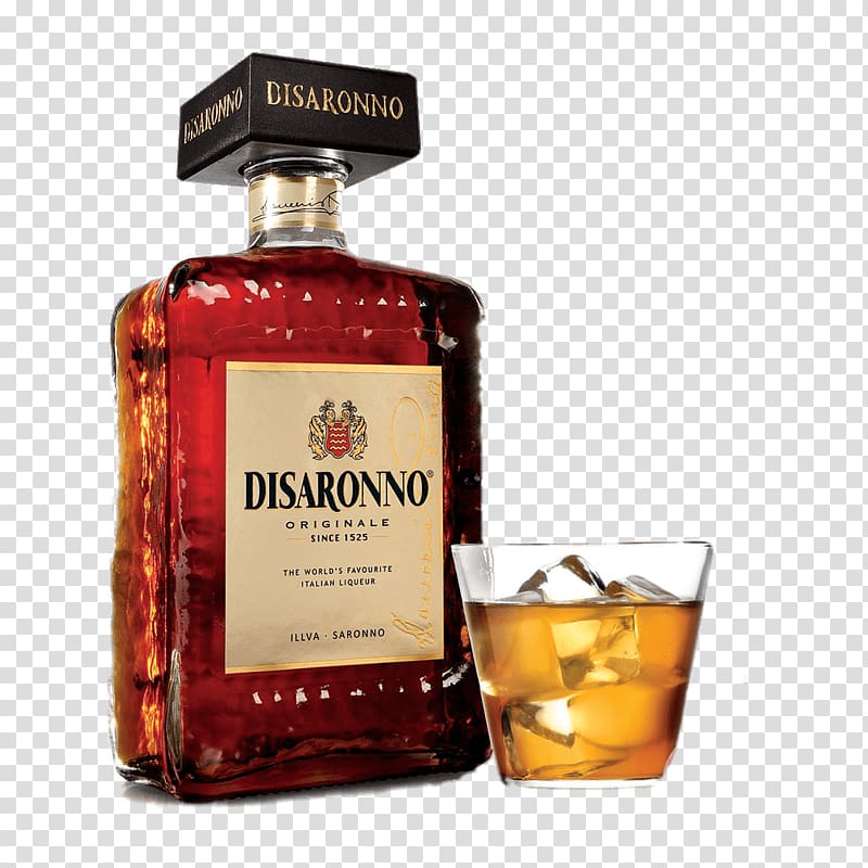 Disaronno bottle beside drinking glass, Disaronno Bottle and Glass transparent background PNG clipart