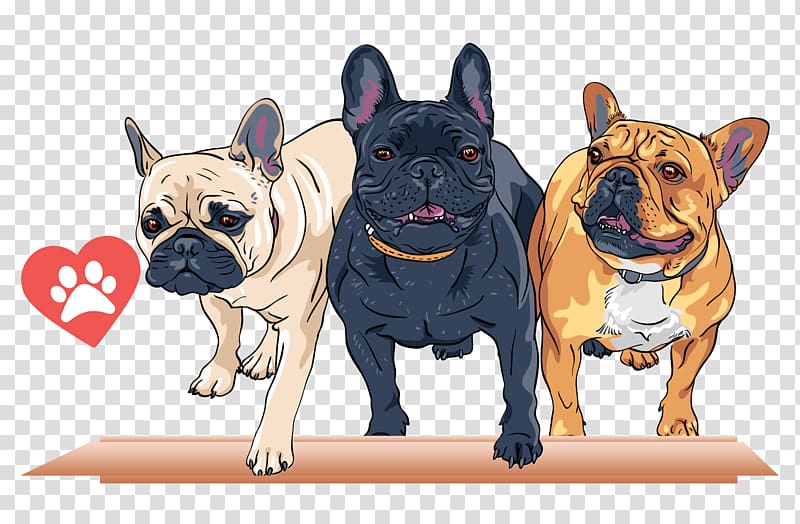 three black, fawn, and tan French bulldogs illustration, French Bulldog T-shirt , Cartoon pet dog transparent background PNG clipart