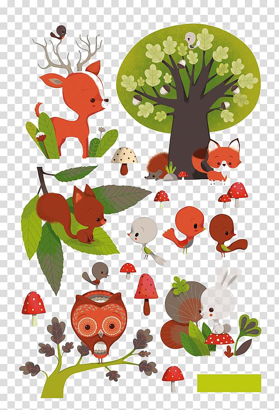 Cartoon Drawing Illustration, Cartoon forest animals transparent background PNG clipart
