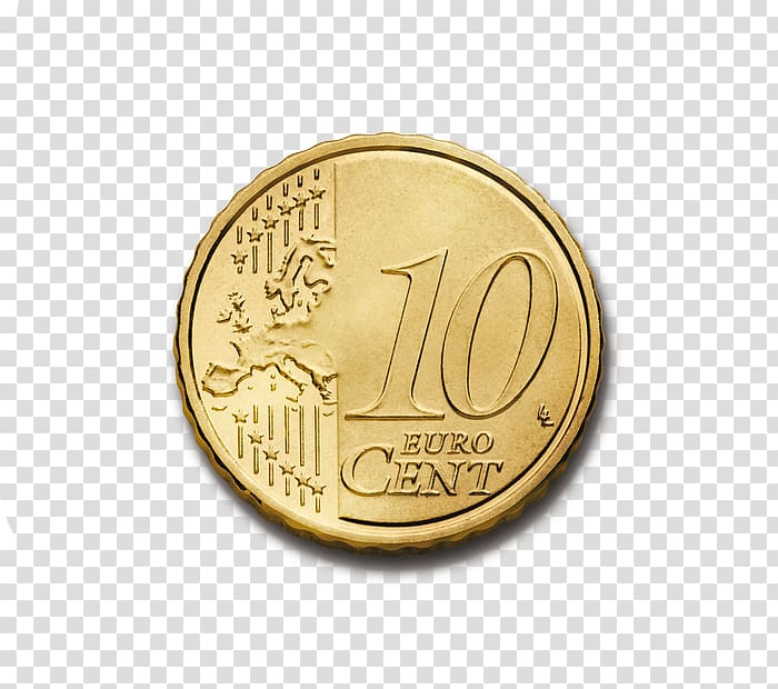 round gold-colored 10 Euro cent, 10 cent euro coin 10 euro note Euro coins, € 10 coins transparent background PNG clipart