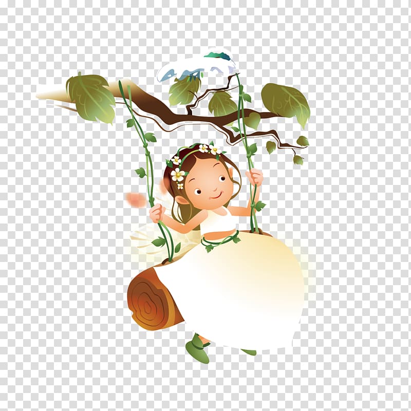 smiling girl fairy wearing white riding on log swing attached on branch illustration, montage Illustrator Illustration, Fantasy fairy tale princess material transparent background PNG clipart