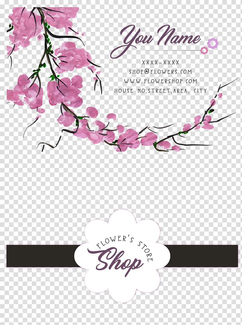 You Name Flower's Store Shop business card, Cherry blossom Business card, Romantic Cherry Blossom Flower Personal Card transparent background PNG clipart