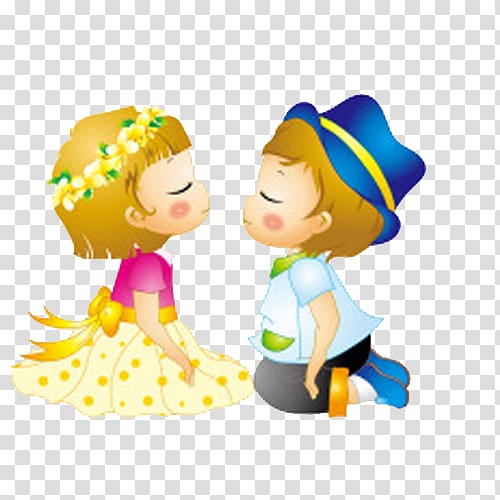 Cartoon couple, Hand-painted flowers creative boys and girls kissing transparent background PNG clipart