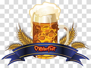 Oktober Fest beer filled mug illustration, Beer Oktoberfest in Germany 2016 , Oktoberfest Beer with Wheat and Blue Banner transparent background PNG clipart thumbnail
