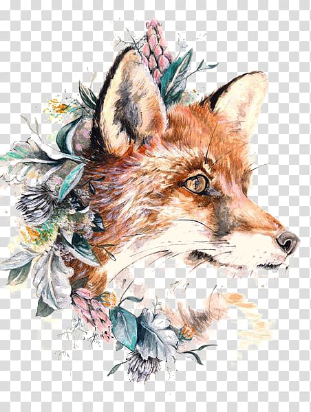 multicolored fox and leaves painting, Red fox Paper Tattoo Gray wolf, fox transparent background PNG clipart