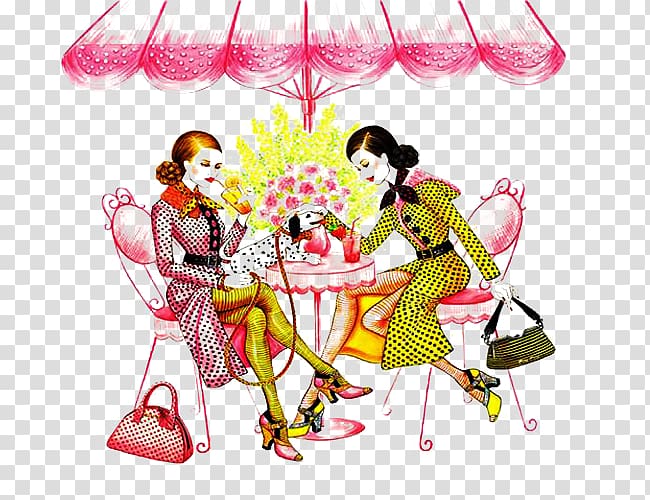 Tea Drinking Illustration, Two beautiful women drink tea material transparent background PNG clipart