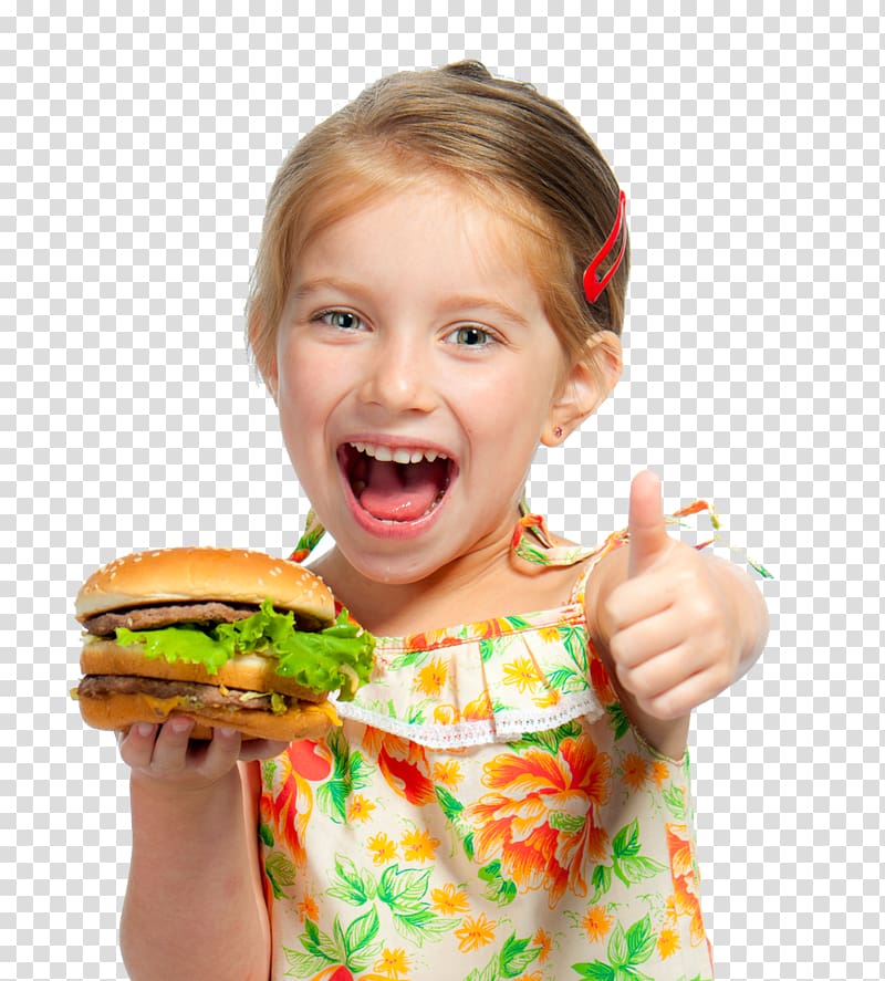 girl holding hamburger while smiling, Hamburger Fast food Cheeseburger Chicken fingers French fries, eating food transparent background PNG clipart