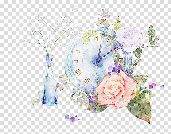 pink and purple roses illustration, Drawing Watercolor painting Sketch, Flowers and watches transparent background PNG clipart