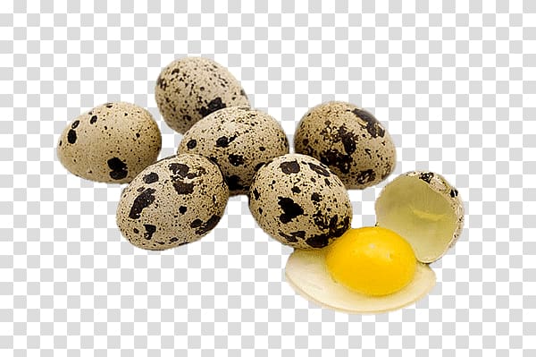 six whole quail eggs and a cracked one illustration, Quail Eggs transparent background PNG clipart