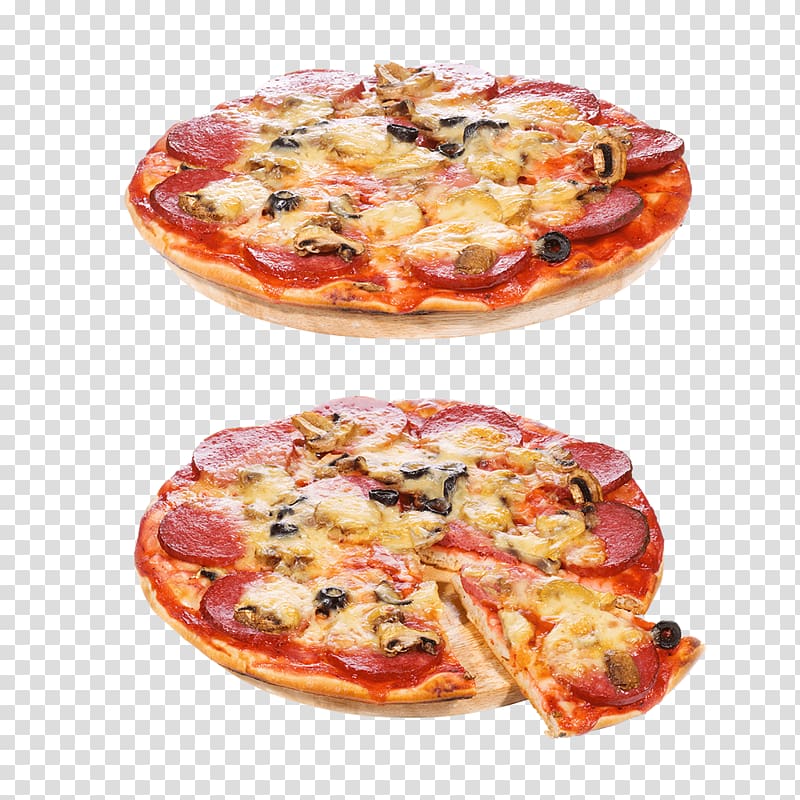 Greek pizza Fast food Italian cuisine Chicago-style pizza, Two ham tomato pizza transparent background PNG clipart