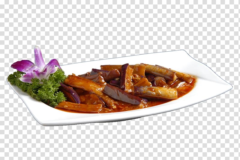 Chinese cuisine Fried Eggplant with Chinese chili sauce Braising, Braised eggplant transparent background PNG clipart