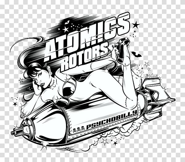 Atomics Rotors Psychobilly logo, Art Black and white Drawing Illustration, Black and white drawing of a woman on a rocket transparent background PNG clipart