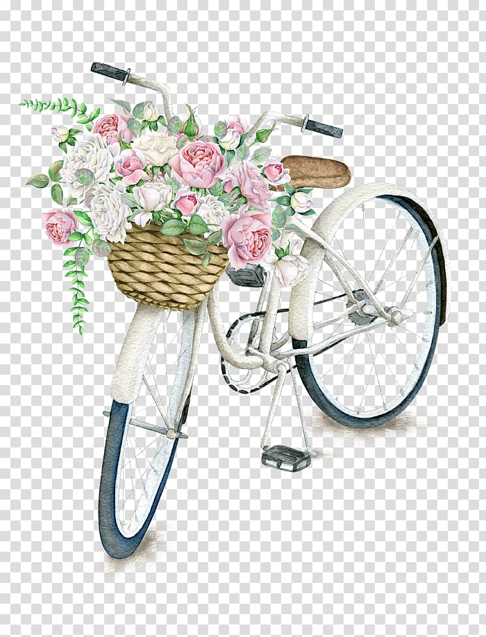 white cruiser bicycle with pink and white roses illustration, Bicycle basket Napkin Flower Vintage clothing, Beautifully bicycle basket transparent background PNG clipart