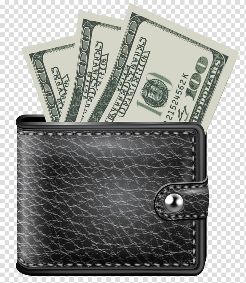 three 100 US dollar banknote in black leather snap bifold wallet, Money Wallet transparent background PNG clipart