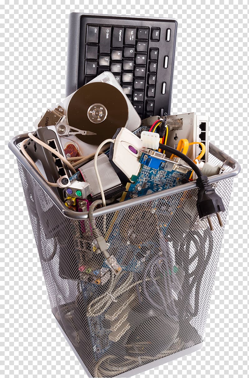 assorted computer parts on gray steel bin, Electronic waste Waste container Recycling Scrap, Electronic trash can transparent background PNG clipart