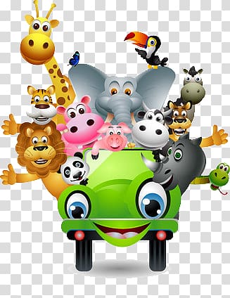 cartoon car with all kinds of animals transparent background PNG clipart