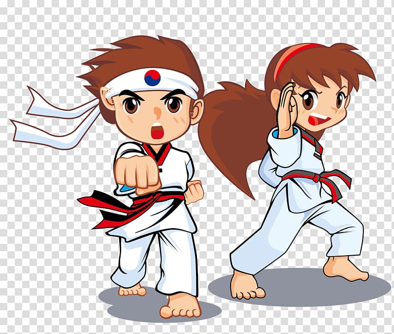 boy and girl doing karate cartoon illustration, Taekwondo Martial arts Icon, Taekwondo game poster transparent background PNG clipart