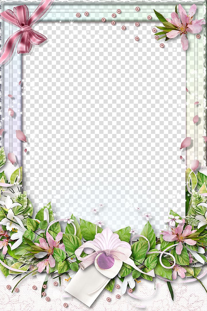 green and pink floral frame on blue background, Flowers frame material transparent background PNG clipart