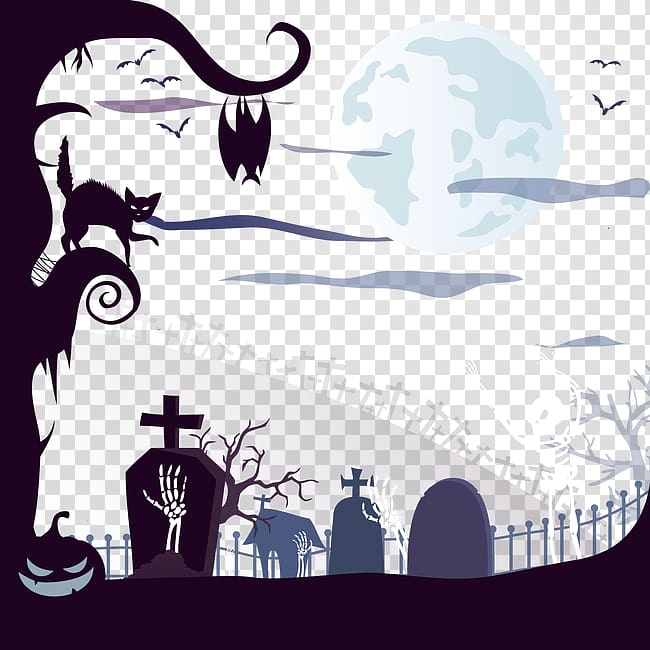 Halloween Cemetery Euclidean Illustration, Halloween graveyard and a black cat skeleton transparent background PNG clipart