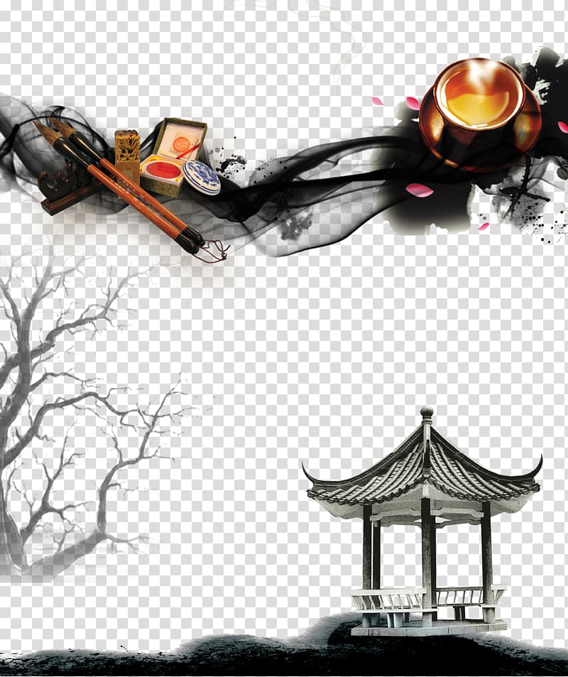Tea Oolong Ink wash painting, Chinese style pavilion ink brush ink stone dead tree transparent background PNG clipart