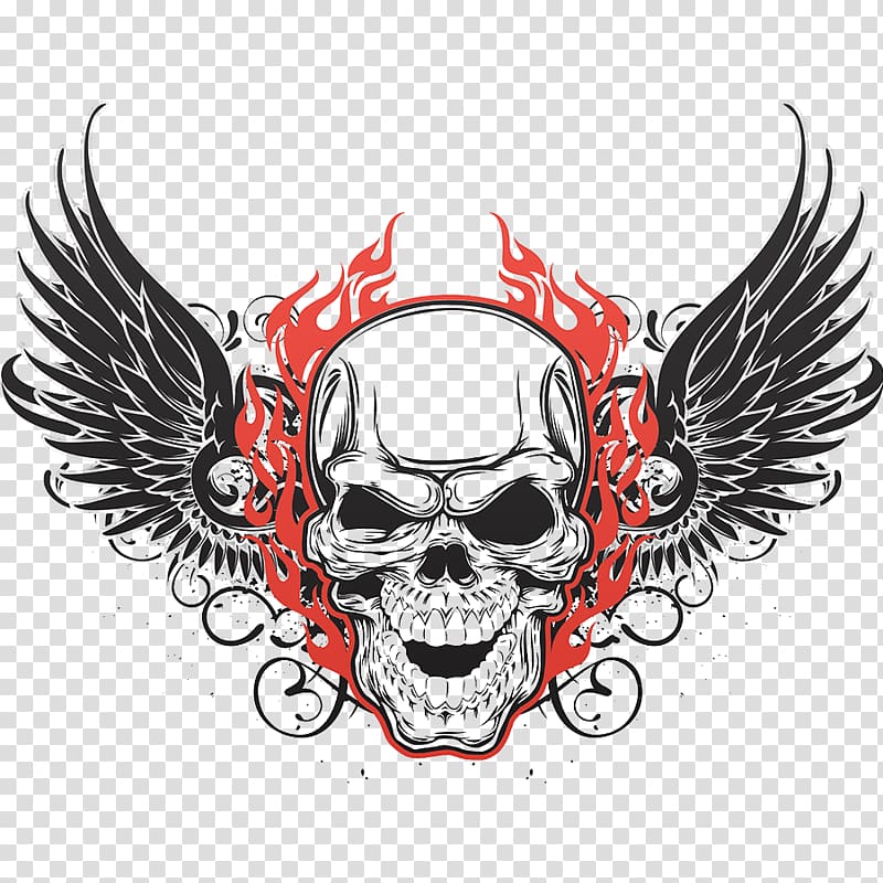 black skull illustration, Human skull symbolism Wing Tattoo Skull art, Flying skulls transparent background PNG clipart