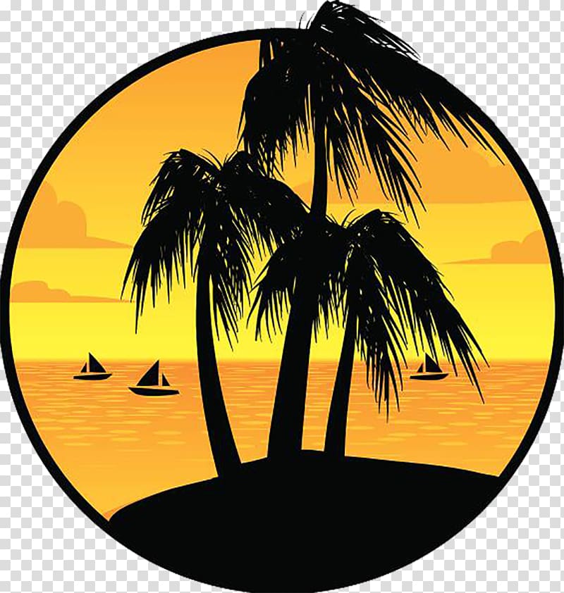 silhouette of coconut trees illustration, Sunset Island, Sunset under the island transparent background PNG clipart