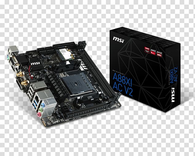 MSI A88XI AC V2, motherboard, mini ITX, Socket FM2+, AMD A88X, Socket FM2+ MSI A88XI AC Motherboard FM2+ AMD A88X DRR3 USB 3.0 Gigabit LAN VGA DVI HDMI Mini-ITX, Computer transparent background PNG clipart