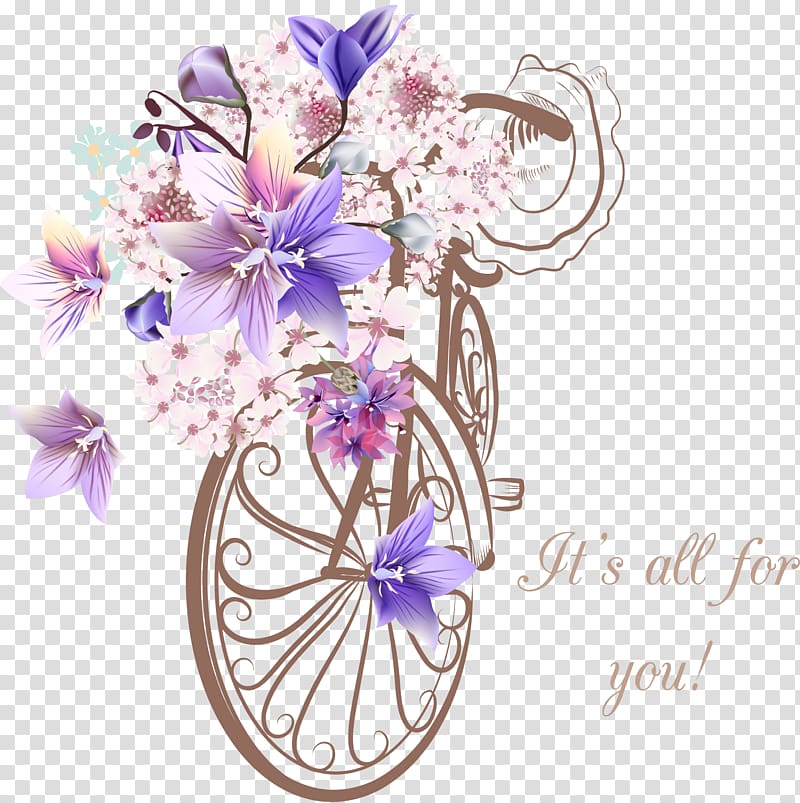 purple and pink flowers on commuter bike with It's all for you! text overlay, Flower Bicycle Euclidean , Bicycle with flowers transparent background PNG clipart
