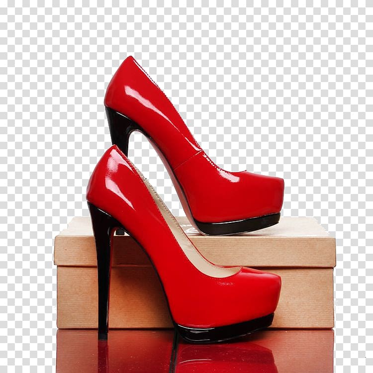 High-heeled footwear Court shoe Boot Sandal, Red shiny high-heeled shoes and shoebox transparent background PNG clipart