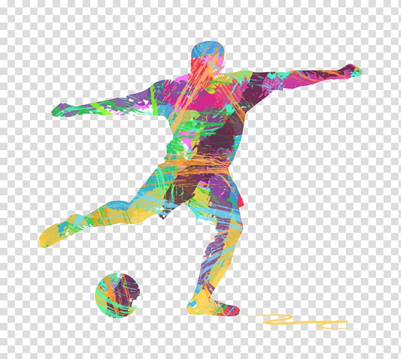 purple, green, and yellow soccer player illustration, Football player Illustration, Color graffiti silhouette soccer transparent background PNG clipart