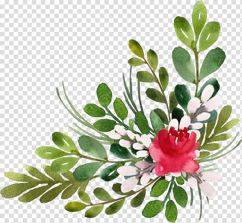 red petaled flower and green leaves painting, Flower Animation , Green leaf flower corner transparent background PNG clipart