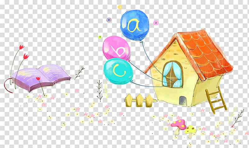 Cartoon House Illustration, Cartoon house with balloons transparent background PNG clipart