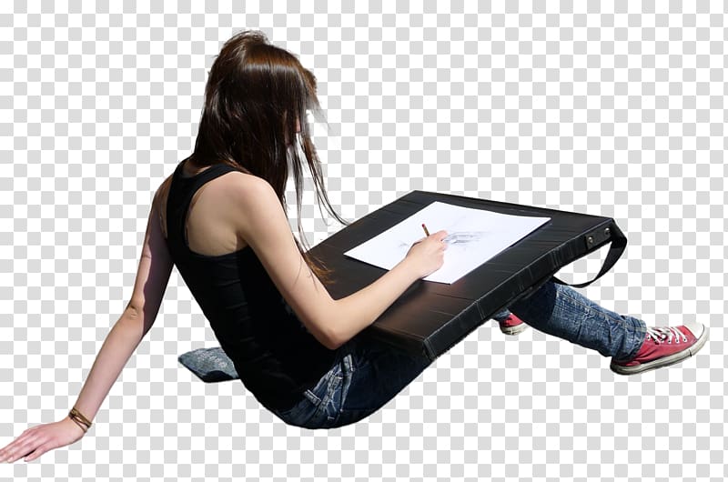 woman in black racerback top sketching, Architecture Editing, sit transparent background PNG clipart
