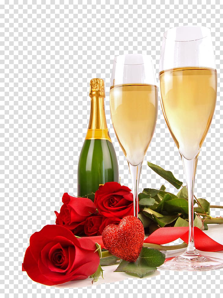 glass beverage bottle with two wine glasses and roses, Champagne Rosxe9 Valentines Day Heart Bottle, Champagne transparent background PNG clipart