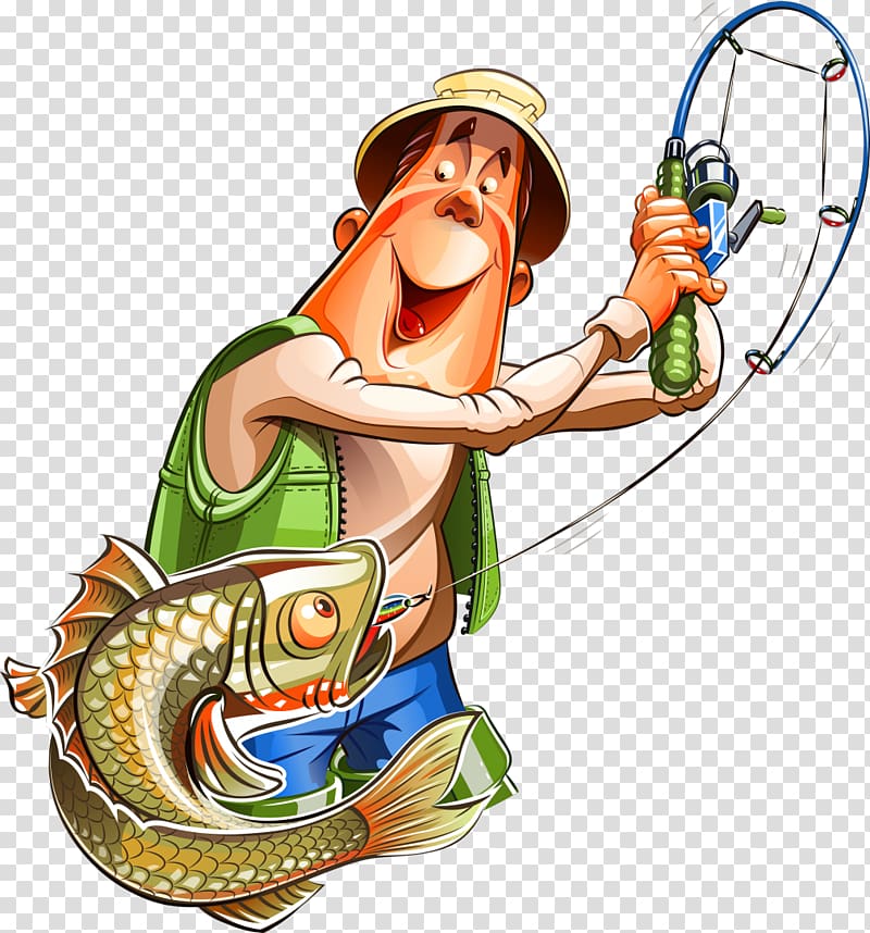 Fisherman with hooked fish on line illustration, Fishing Cartoon