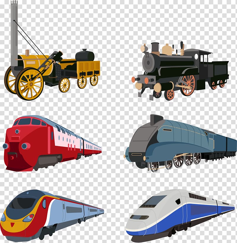 assorted trains illustration, Train station Passenger car, History of train evolution transparent background PNG clipart