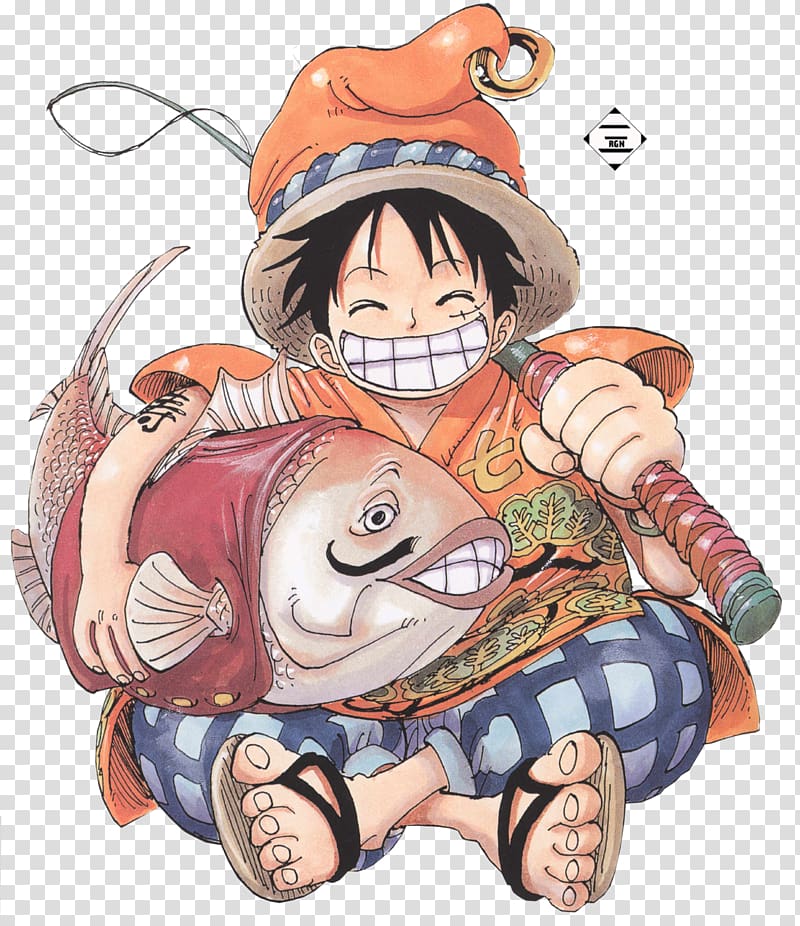 Smiling Monkey D. Luffy caught red fish illustration, Monkey D