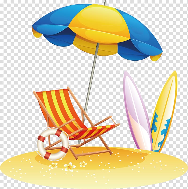 sun lounger and surfboard illustration, Beach , Beach umbrella transparent background PNG clipart