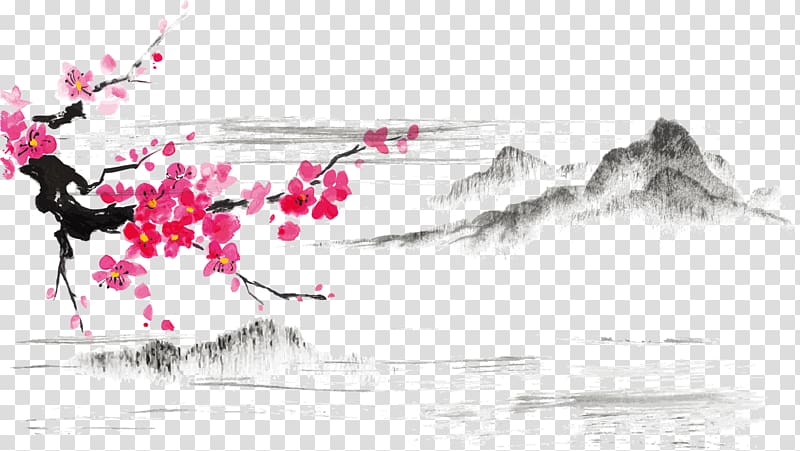 pink flowers illustration, Japanese art Ink wash painting Japanese painting Cherry blossom, Ink Plum material plum snow transparent background PNG clipart