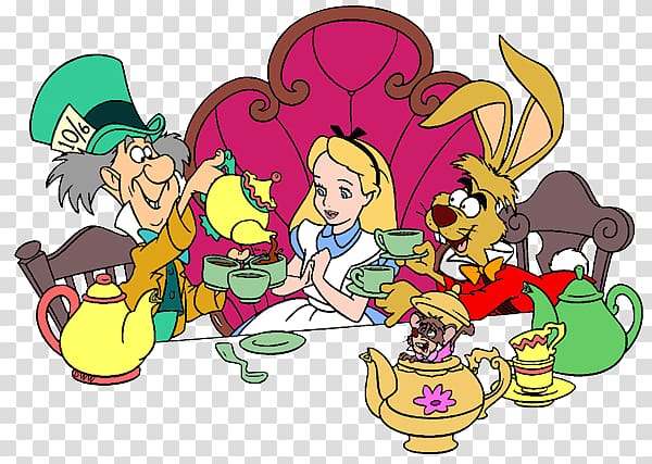 man, woman, and rabbit sitting in front of table , The Mad Hatter March Hare Tweedledum The Dormouse , alice in wonderland transparent background PNG clipart