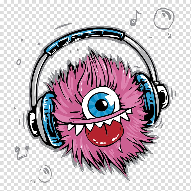 pink monster wearing headphones illustration, T-shirt Headphones Monster Cable , Abstract Music Headphones transparent background PNG clipart