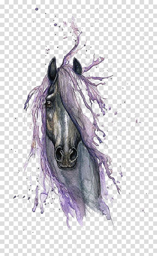 gray and purple horse painting, Horse Watercolor painting Drawing Tattoo, horse transparent background PNG clipart