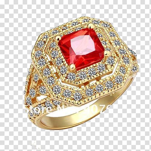 gold-colored red and clear gemstone encrusted ring, Wedding ring Jewellery Colored gold, Gold Rings Free transparent background PNG clipart