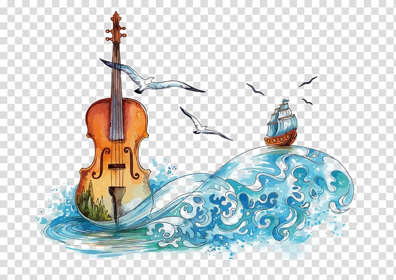 brown violin illustration, Violin Watercolor painting , sea violin transparent background PNG clipart