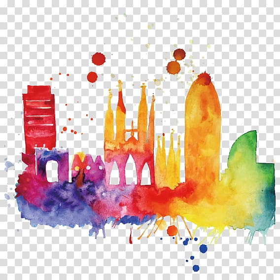 Barcelona Skyline Watercolor painting Cityscape, multicolored castle transparent background PNG clipart